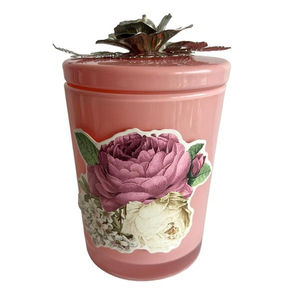 Peony Roses Large Vanity Jar Silver Leaf Encrusted Lid Tassle Vanity Jar Jeweled - Picture 1 of 6